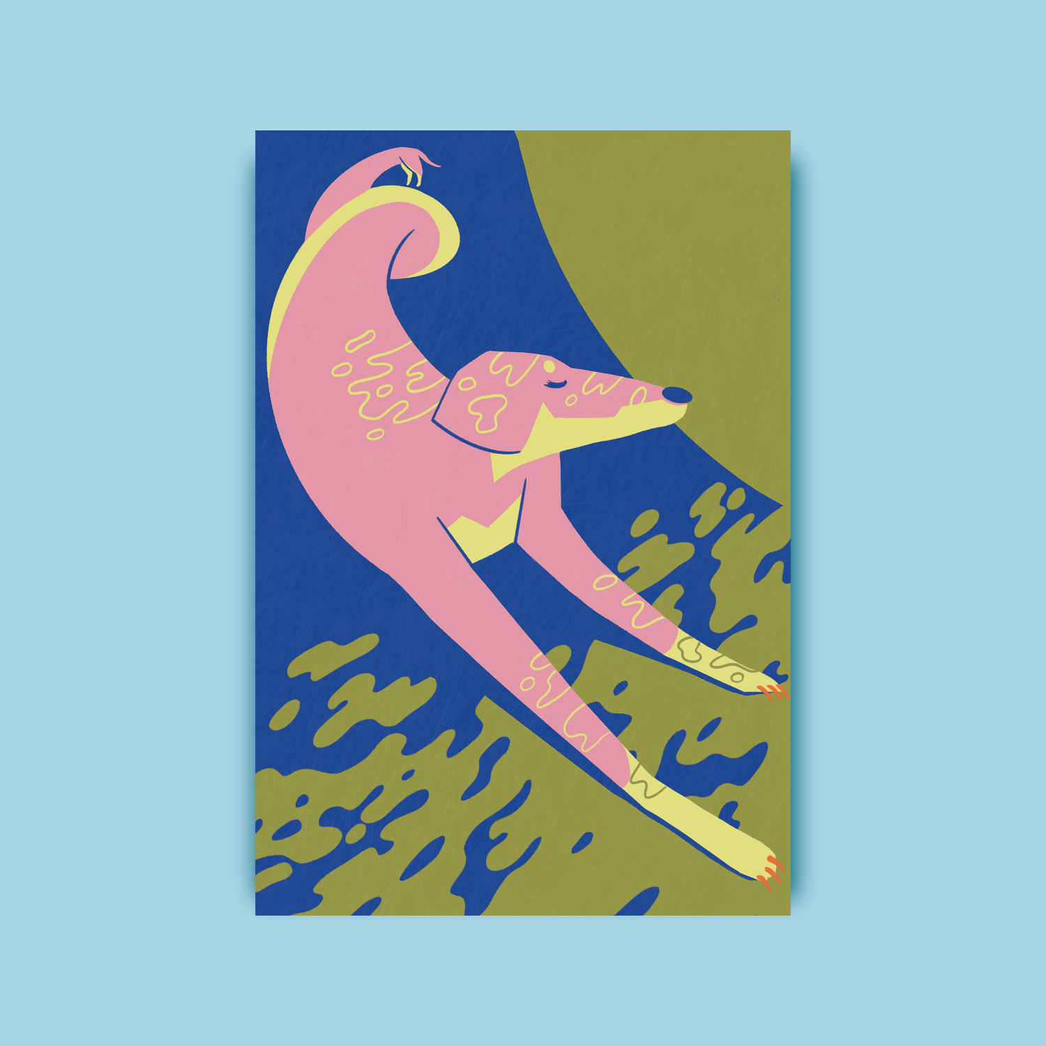 Bunter Print mit rosafarbenem auf Teppich liegendem Hund